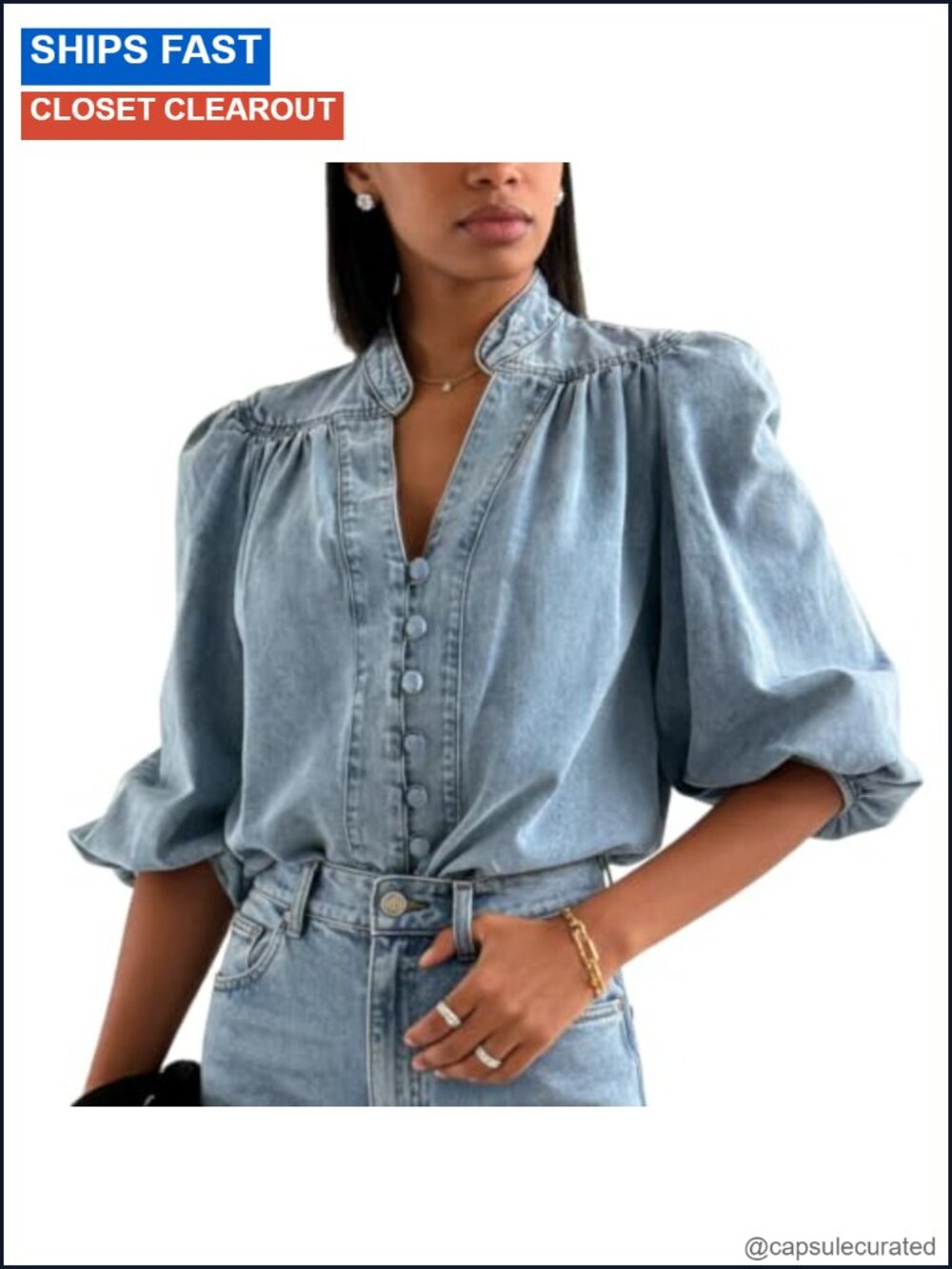V Neck Button Down Denim Shirt 3/4 Lantern Sleeve